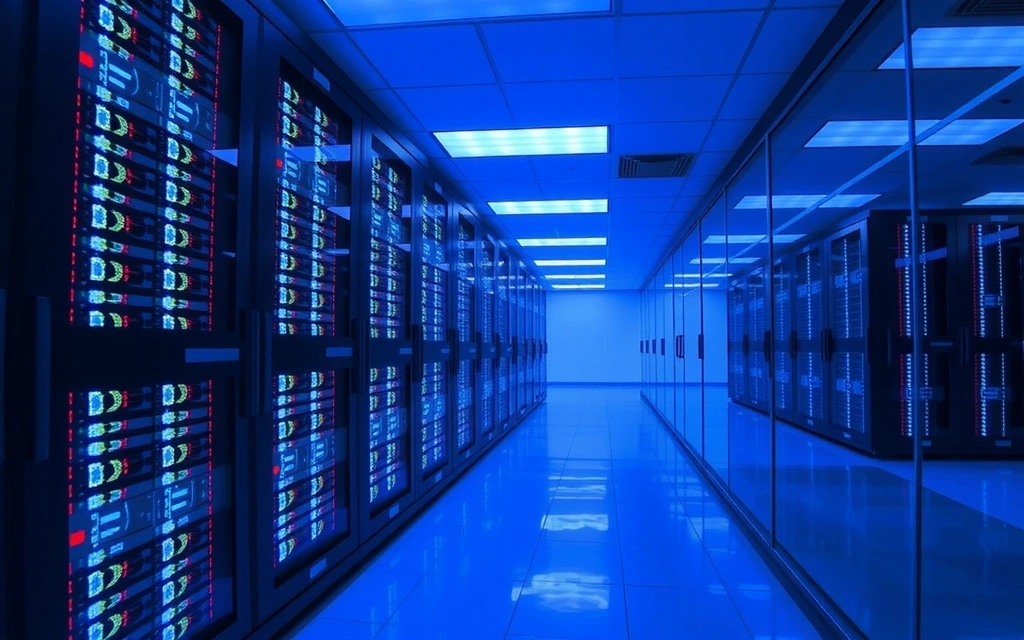 Secure data server room with glowing blue lights